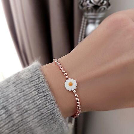 Vaoov 925 Ayar Gümüş Hematit Taşlı Rose Papatya Bileklik