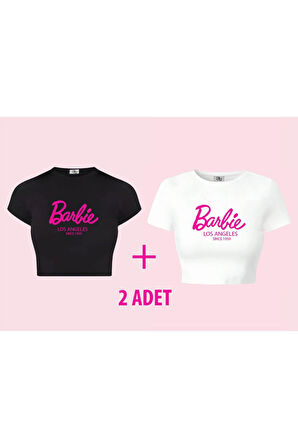 Kadın Siyah ve Beyaz 2 Adet Barbie Baskılı Los Angeles Kısa Kollu Crop Tshirt