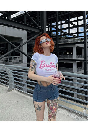 Kadın Siyah ve Beyaz 2 Adet Barbie Baskılı Los Angeles Kısa Kollu Crop Tshirt