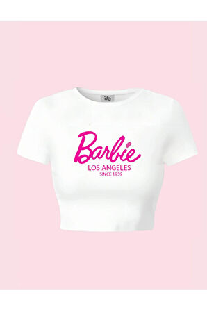 Kadın Siyah ve Beyaz 2 Adet Barbie Baskılı Los Angeles Kısa Kollu Crop Tshirt