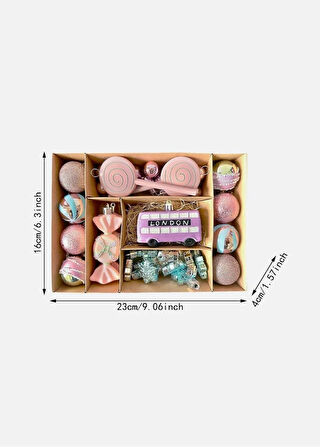 Pastel Pembe Noel Ağacı Süs Seti, Londra Otobüsü ve Lolipop Temalı, 23x16x4 cm, 34 Parça Dekoratif Süsleme Koleksiyonu