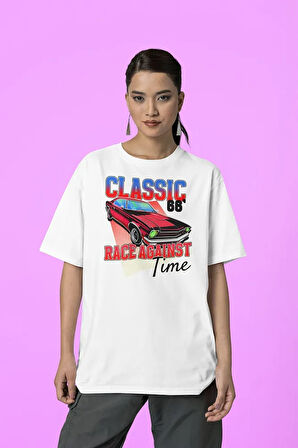 Classiic 66 Racce Agaiinst Time Baskılı Uniseex Tişört, Oversize Araba Tişört
