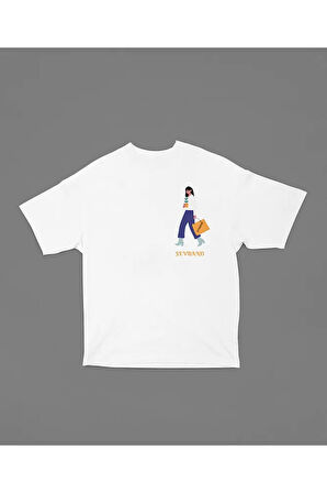 Çantalı Kadın Baskılı Oversize Tişört