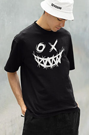 Çizgi Gülen Surat Temalı Unisex Tişört, Oversize Tişört