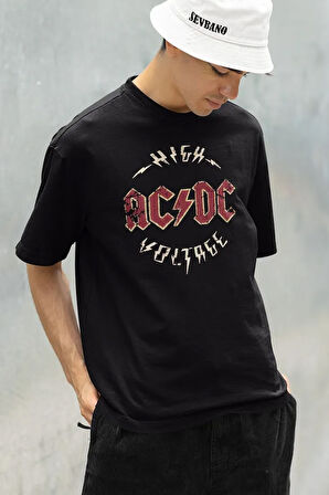High AC DC Voltage Baskılı Unisex Oversize Rock Metal Tişört