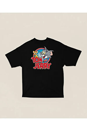 Tom And Jerry Baskılı Unisex Oversize Çizgi Film Tişört