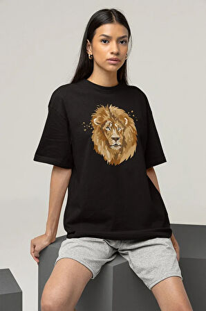 Çizim Lion Baskılı Unisex Oversize Aslan Baskılı Tişört