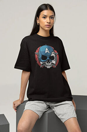 Kuru Kafa Kaptan Amerika Baskılı Unisex Oversize Anime Tişört