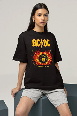 AC DC Highway To Hell Baskılı Unisex Oversize Rock Metal Tişört