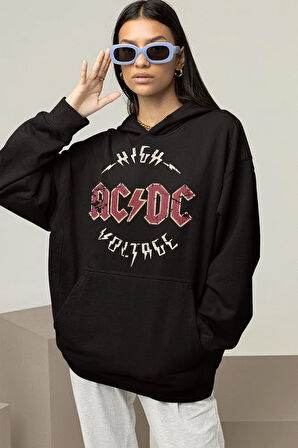 High AC DC Voltage Yazılı Unisex Oversize Rock Metal Hoodie