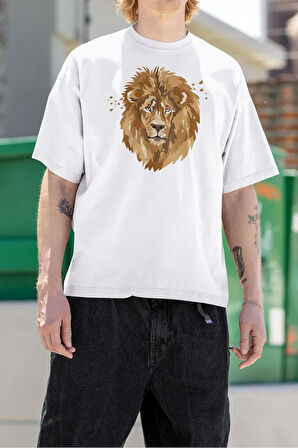 Çizim Lion Baskılı Unisex Oversize Aslan Baskılı Tişört