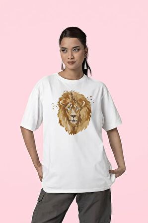 Çizim Lion Baskılı Unisex Oversize Aslan Baskılı Tişört