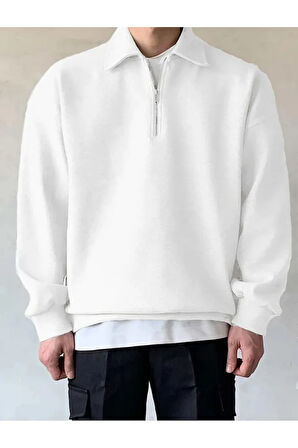 Polo Yaka Yarım Fermuarlı Unisex Oversize Sweatshirt