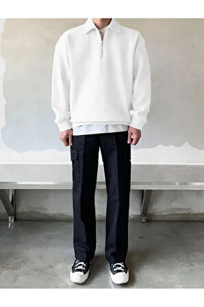 Polo Yaka Yarım Fermuarlı Unisex Oversize Sweatshirt