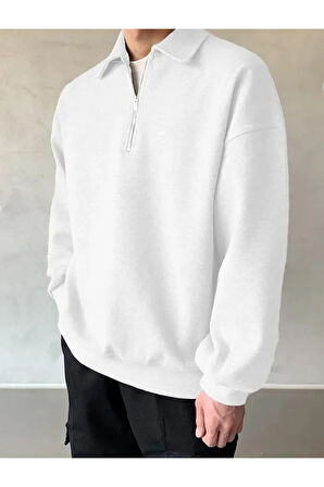 Polo Yaka Yarım Fermuarlı Unisex Oversize Sweatshirt