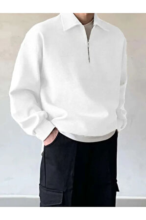 Polo Yaka Yarım Fermuarlı Unisex Oversize Sweatshirt
