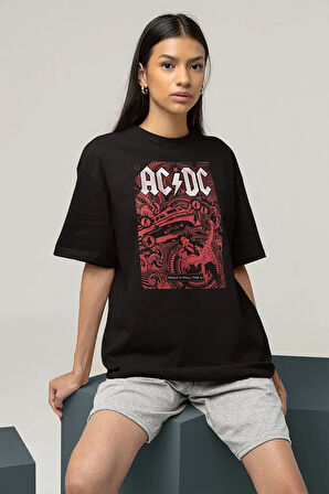 AC DC Rock And Roll Baskılı Unisex Oversize Müzik Grubu Tişört