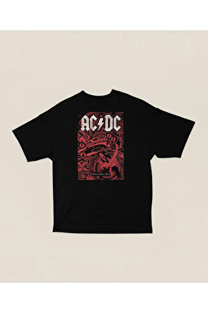 AC DC Rock And Roll Baskılı Unisex Oversize Müzik Grubu Tişört