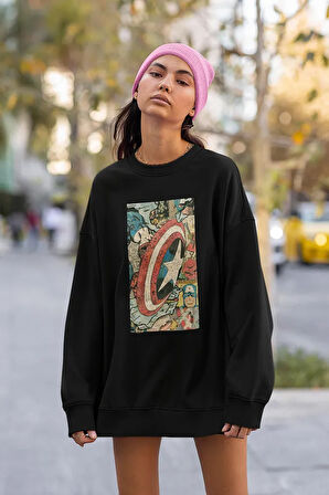 Çizim Kaptan Amerika Baskılı Unisex Oversize Marvel Sweatshirt