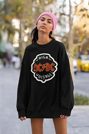 High AC DC Voltage Baskılı Unisex Oversize Rock Metal Sweatshirt