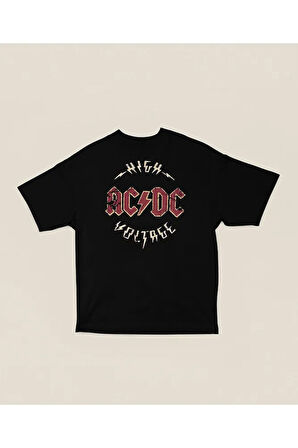 High AC DC Voltage Baskılı Unisex Oversize Rock Metal Tişört
