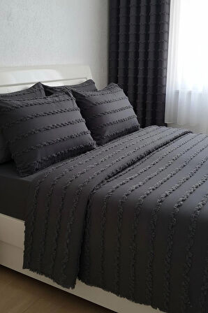 Wave Koleksiyon Koyu Gri Yatak Örtüsü Seti 260x250 cm + 4 Yastık Kılıfı