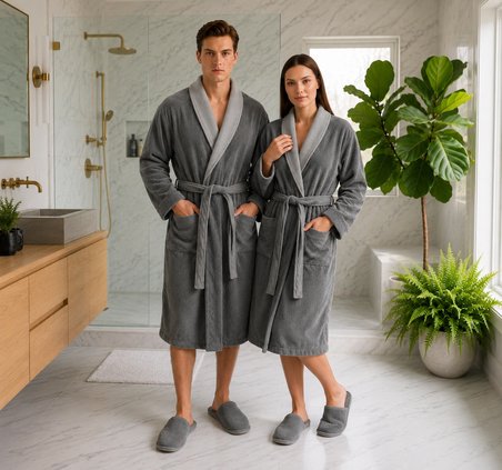 İpekçe Home Unisex Waffle Yakalı %100 Pamuk Bornoz Takımı Açık Antrasit 3'lü Set