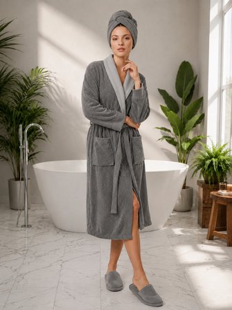 İpekçe Home Unisex Waffle Yakalı %100 Pamuk Bornoz Takımı Açık Antrasit 3'lü Set