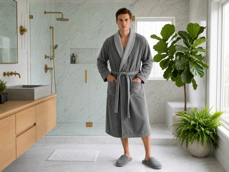 İpekçe Home Unisex Waffle Yakalı %100 Pamuk Bornoz Takımı Açık Antrasit 3'lü Set