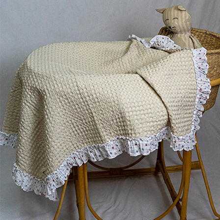 Waffle Müslin Fırfır Detaylı Çocuk & Bebek Örtü | Battaniye | Pike |90X100 %100 Pamuk Çok Amaçlı