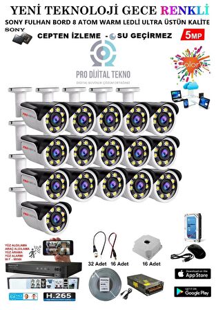 16 Kameralı Gece Renkli 5 Mp 8 Adet Warm Led Güvenlik Kamerası Seti Full HD Kamera Sistemi