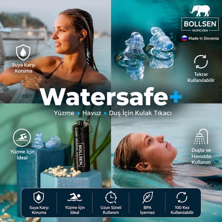 Bollsen Watersafe+Yetişkinler Için Yüzme Kulak Tıkaçları – Duş,banyo, Yüzme ve Su Sporları Için Yeniden Kullanılabilir Silikon Kulak Tıkaçları – 24 Db Gürültü Azaltma ile Su Engelleyici Kulak Koruması