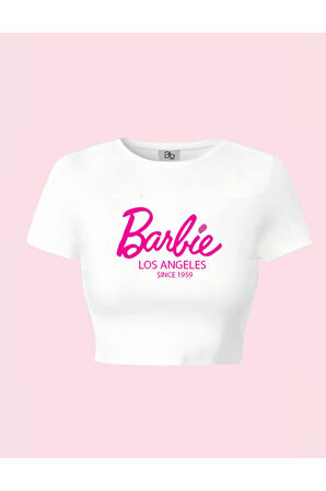 Kadın Beyaz Barbie Baskılı Los Angeles Kısa Kollu Slim Fit Crop Tshirt