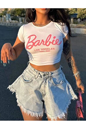 Kadın Beyaz Barbie Baskılı Los Angeles Kısa Kollu Slim Fit Crop Tshirt