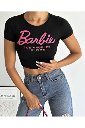 Kadın Barbie Baskılı Los Angeles Kısa Kollu Slim Fit Crop Tshirt