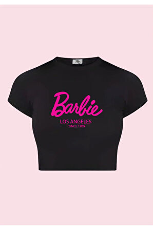 Kadın Barbie Baskılı Los Angeles Kısa Kollu Slim Fit Crop Tshirt