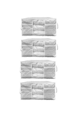 4 Adet - Sandık Tipi Hurç Maxi - Yastık&yorgan Vb. Hurcu 75x40x40 - Leke Tutmaz Çizgili Model - Gri