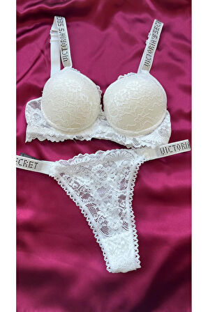 Beyaz Dantelli Taşlı Balenli Destekli Sütyen Takım