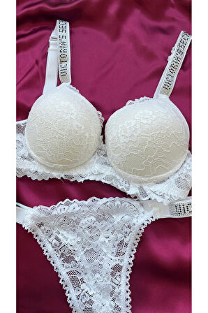 Beyaz Dantelli Taşlı Balenli Destekli Sütyen Takım