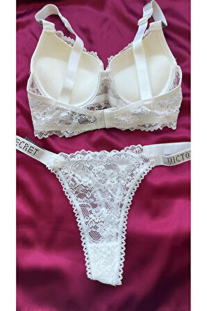 Beyaz Dantelli Taşlı Balenli Destekli Sütyen Takım
