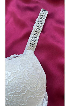 Beyaz Dantelli Taşlı Balenli Destekli Sütyen Takım