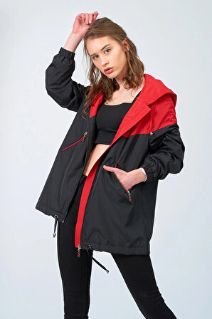 Kadın Siyah Kırmızı Yağmurluk