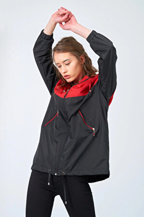 Kadın Siyah Kırmızı Yağmurluk