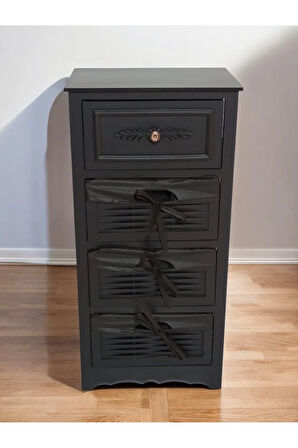 Ahşap 4 Çekmeceli Hasır Görünümlü Yıkanabilir Bezli Sebzelik (Siyah)