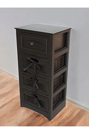 Ahşap 4 Çekmeceli Hasır Görünümlü Yıkanabilir Bezli Sebzelik (Siyah)