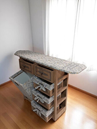 Ahşap Kirli Çamaşır Sepetli Çekmeceli Ütü Masalı Dolap