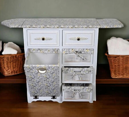 Ahşap Kirli Çamaşır Sepetli Çekmeceli Ütü Masalı Dolap