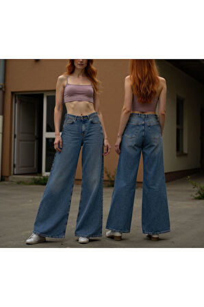 Kadın %100 Pamuk Wide Leg Baggy Jeans