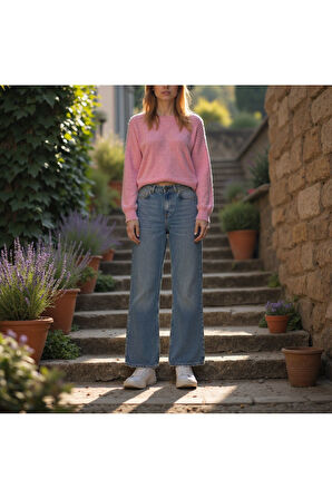 Kadın %100 Pamuk Wide Leg Baggy Jeans