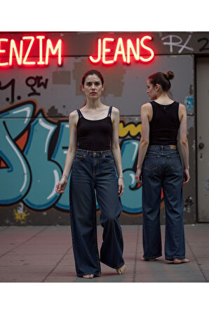 Kadın %100 Pamuk Wide Leg Baggy Jeans